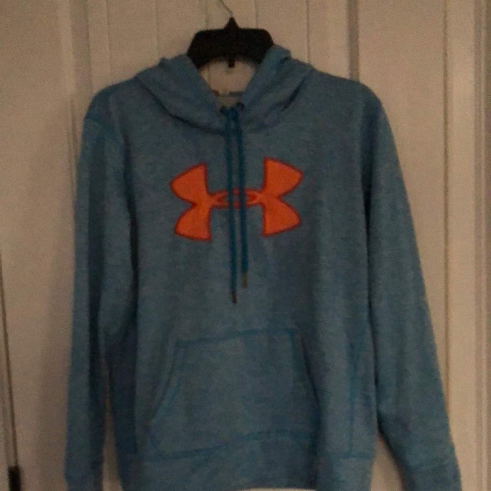 Under Armour Blue Hoodie with Orange Logo used in good shape unisex size men’s s